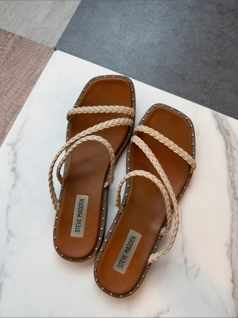 Steve Madden Braided Beige Strappy Slide Sandals - Picture 3 of 5
